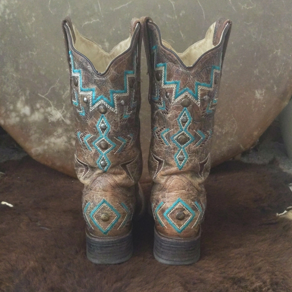 CORRAL E1024 Brown/turquoise aztec distressed cowgirl boots square toe sz 7.5 - Picture 4 of 16